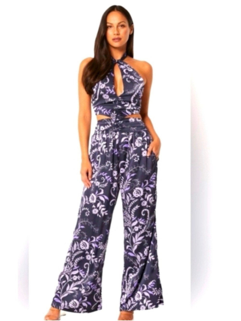 MISA Los Angeles Layla Indigo Vines Floral Halter Wide Leg Jumpsuit S